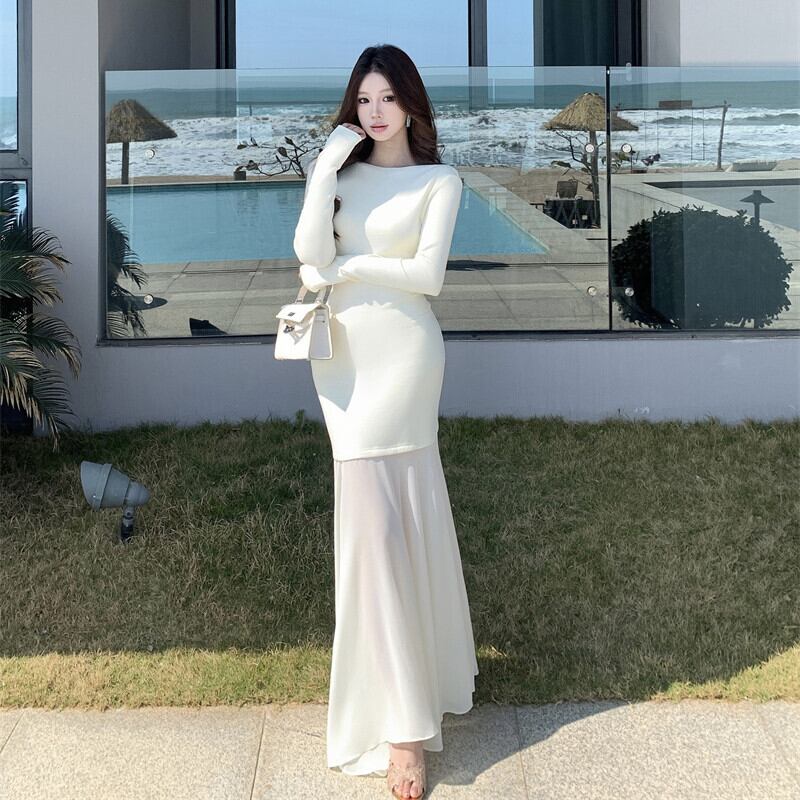 【dress】チュールコンビボートネックマーメイドワンピース　M29764