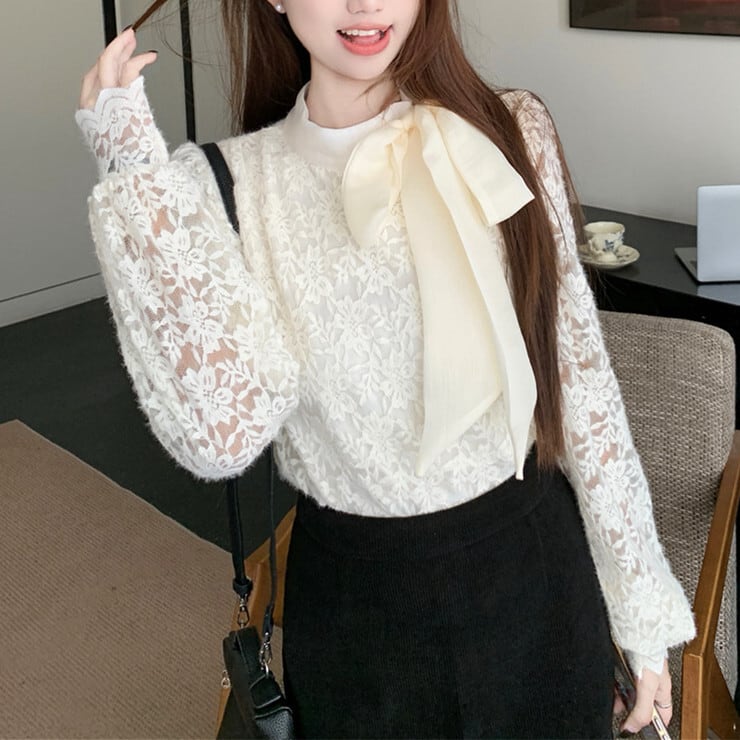 【tops】リボン付き裹起毛レーストップス　M28380