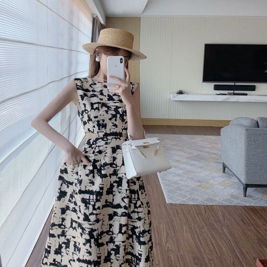 【dress】今季大好評海旅行ラウンドネックプリントノースリーブ着やせワンピースF0323