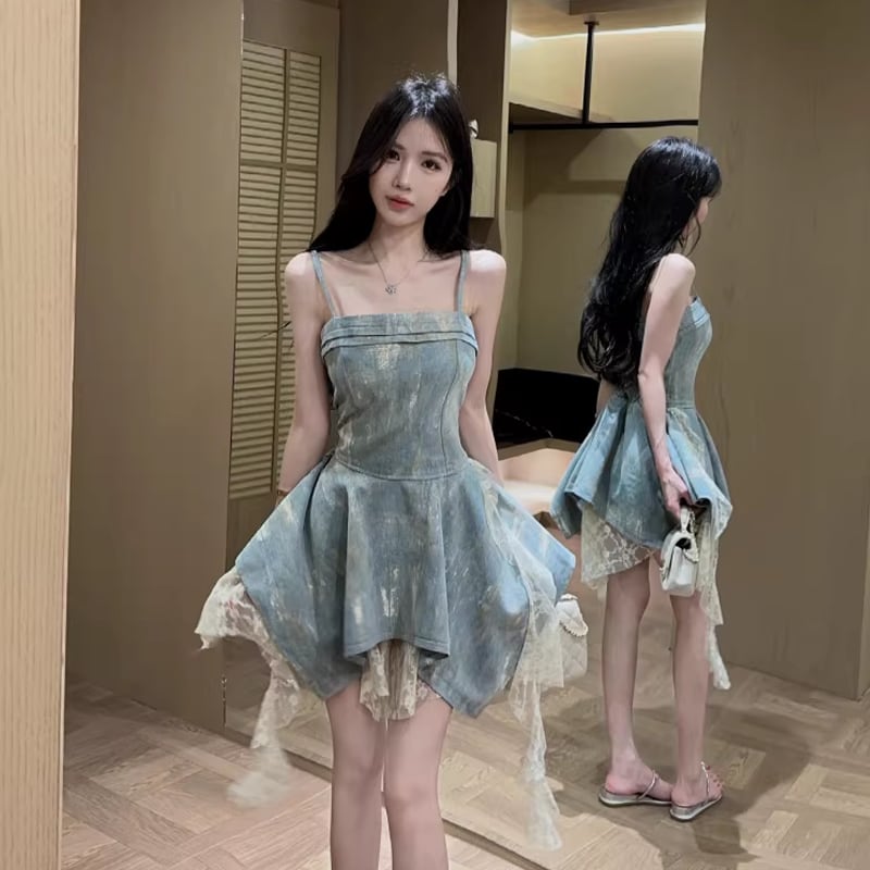 【dress】レースドッキングデニムキャミワンピース Q8340
