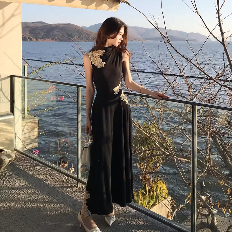 【dress】レースドッキングノースリーブニットワンピース Q8403