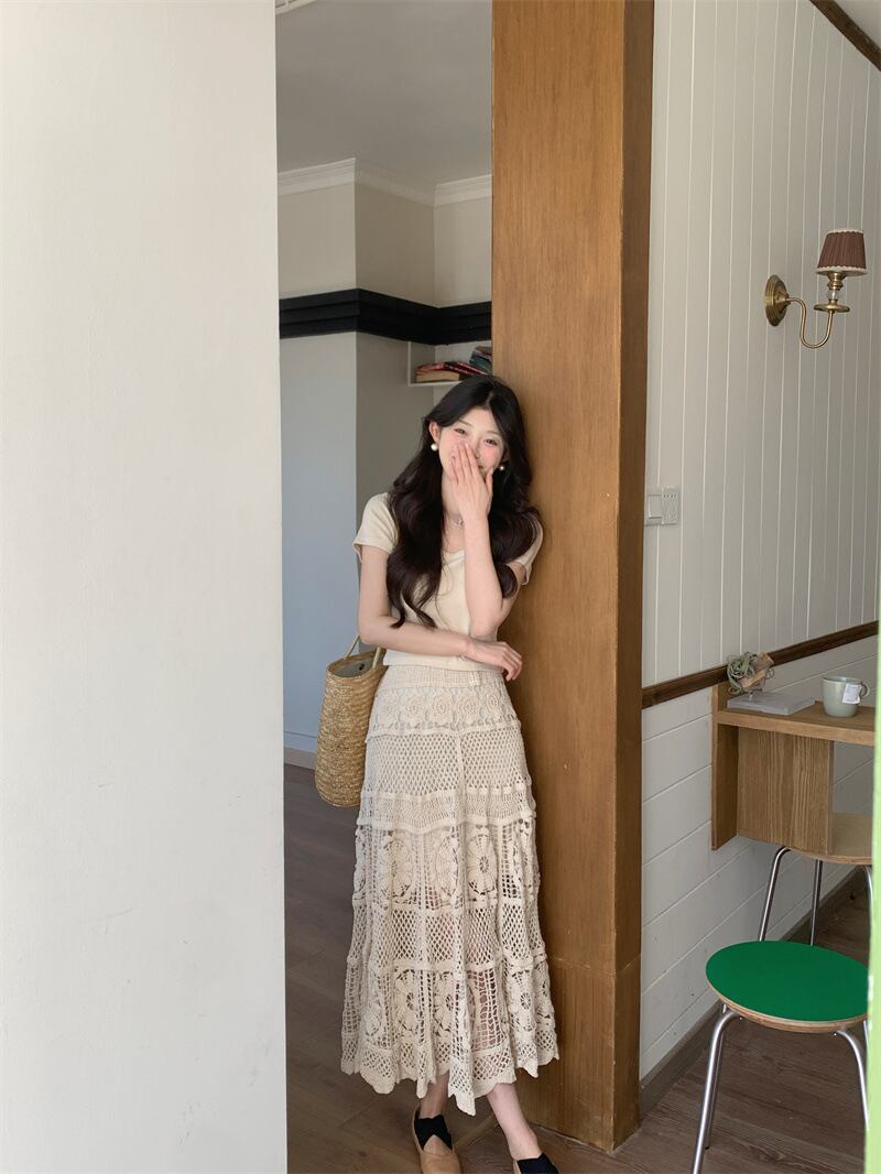 【set】トップス+レース透かし彫りスカート２点セットG21098