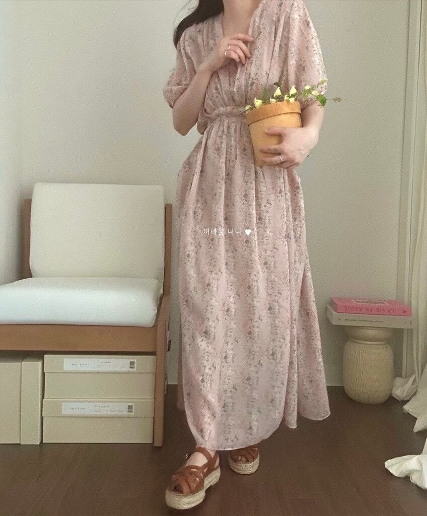 【dress】Vネック花柄パフスリーブワンピース G20746