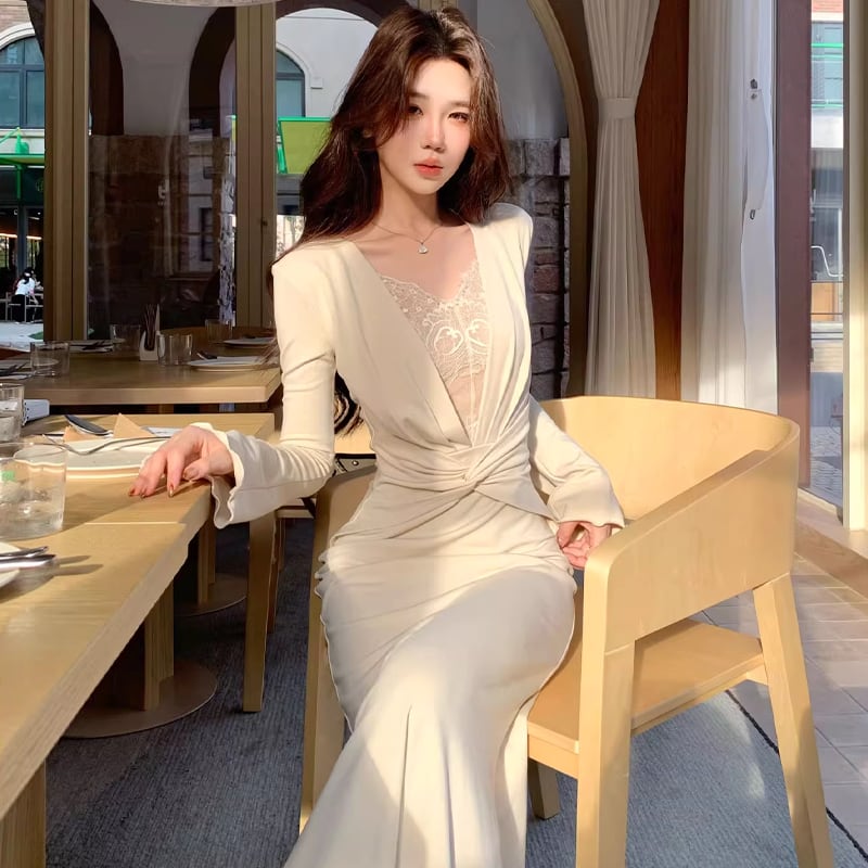 【dress】レースドッキングロングワンピース Q7596