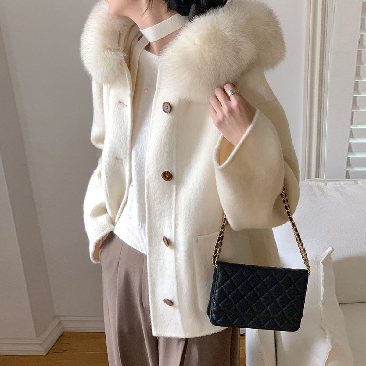 【outer】ファーフード付きコート　M28349