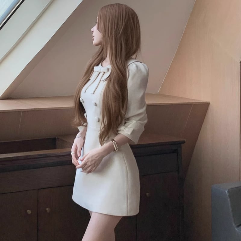 【dress】リボン付きピーターパンカラーワンピース Q7551