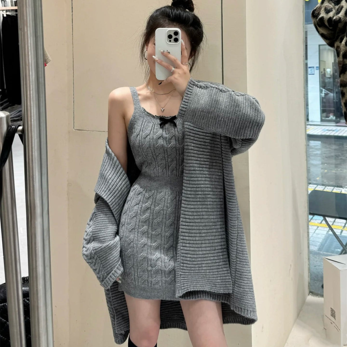 【set】ケーブルカーディガン×ニットミニワンピースセット　N3325