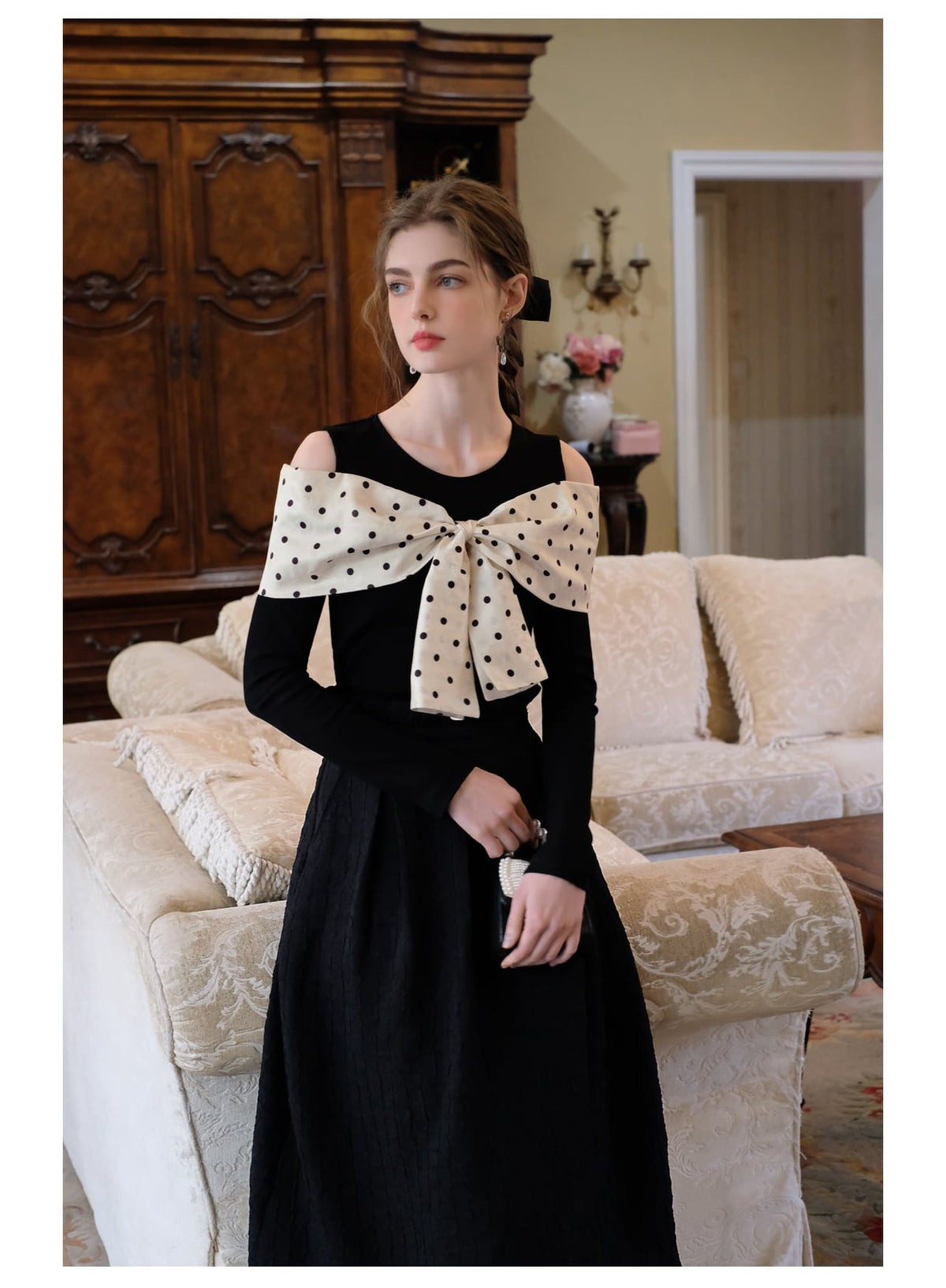 【tops】オフショルダーリボンニットトップス　N2796