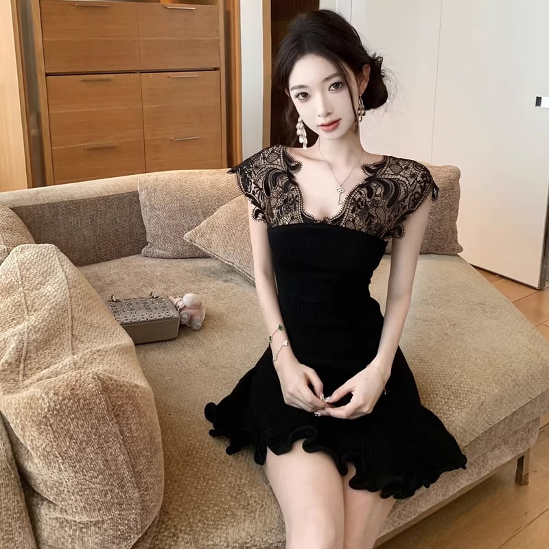 【dress】ノースリーブレースドッキングミニワンピース Q8469