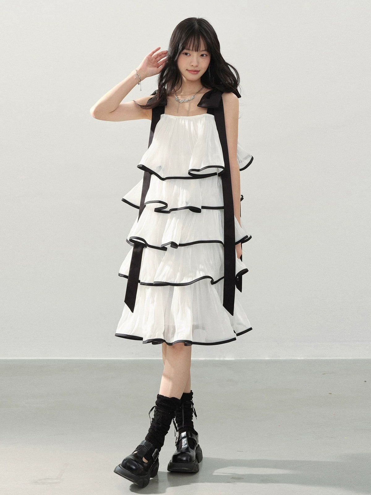 【dress】ショルダーリボンボリュームエアリーワンピース N3554