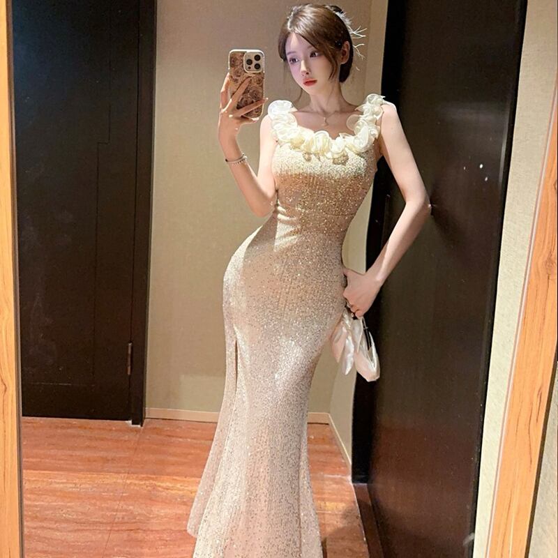 【dress】スパンコール付きオフショルダーロングワンピース Q8041