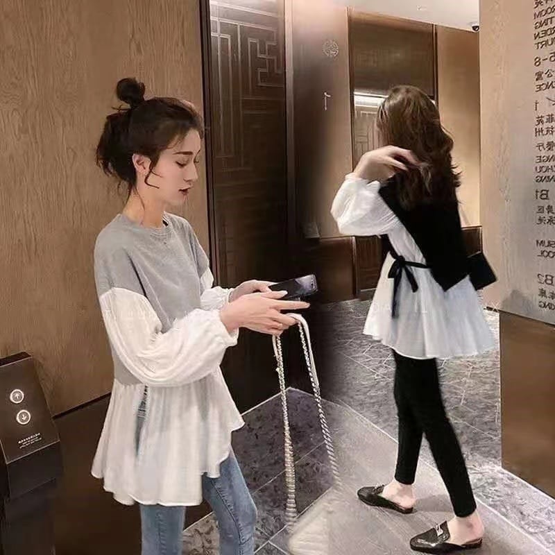 【tops】話題沸騰中ラウンドネック長袖ランタンスリーブ韓国風配色フリル偽二つ切り替えブラウスF1763