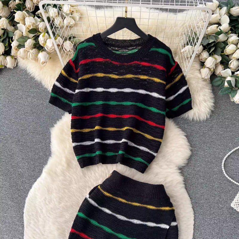 【set】ボーダー柄Ｔシャツ+スカート2点セットF7522