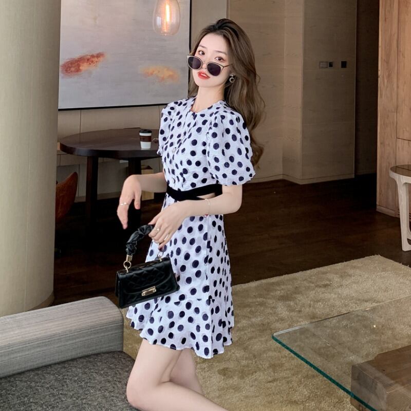 【dress】高級感好感度UP!気質満点パフスリーブドット柄透かし彫りワンピース G0257