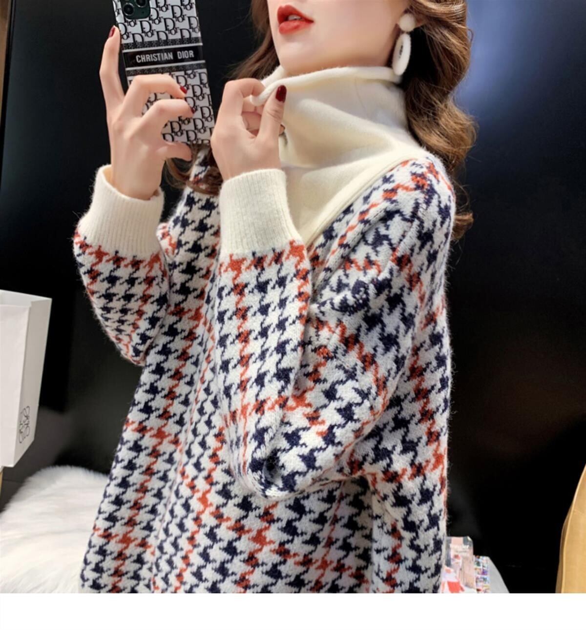 【tops】美人度アップ!韓国系ハイネック偽二つ切り替え秋冬ゆったりルーズ厚手セーター G3658