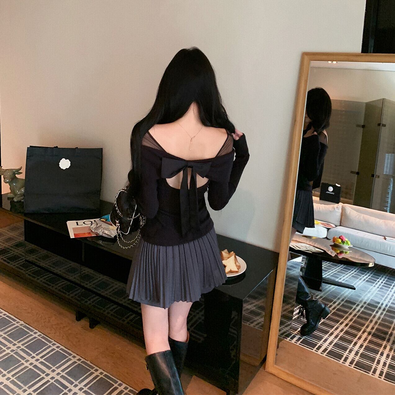 【tops】チュールドッキングリボンニットトップス　N3490