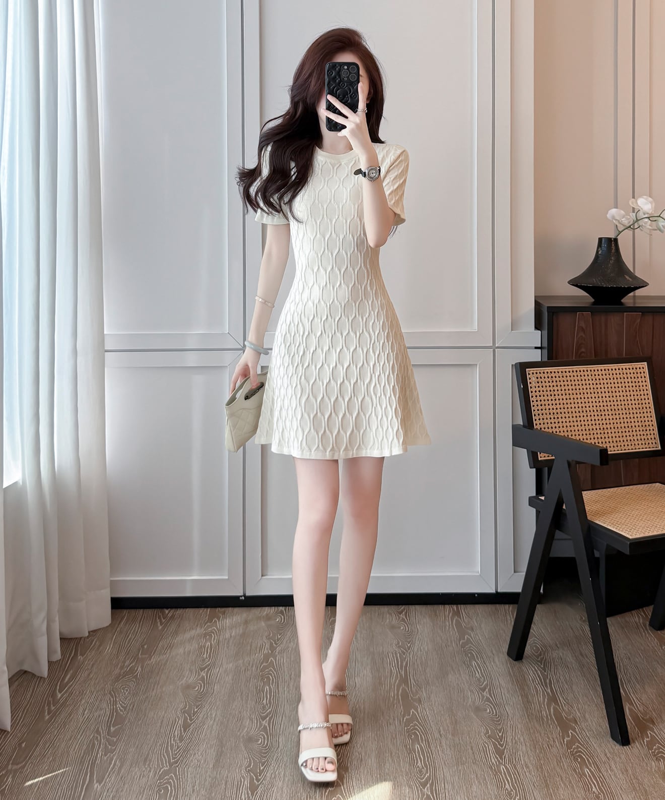 【dress】Aライン半袖ニットワンピース Q8490