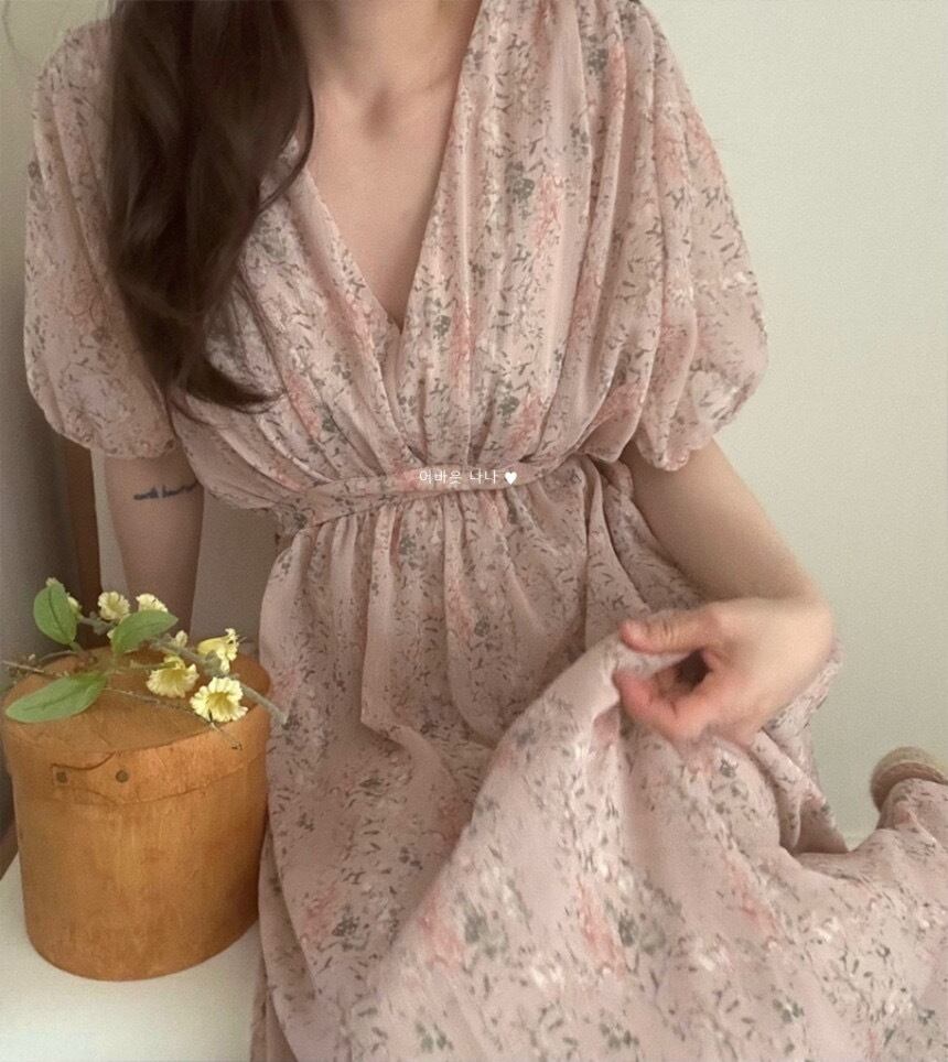 【dress】Vネック花柄パフスリーブワンピース G20746