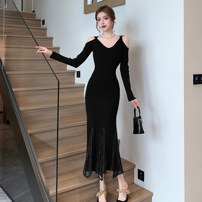 【dress】レースドッキングニットワンピース　M28023