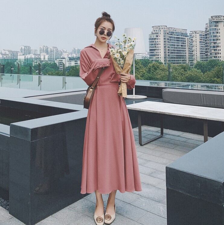 【dress】OL通勤気質満点レトロスウィート長袖Vネック無地着痩せワンピース