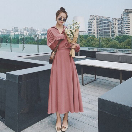 【dress】OL通勤気質満点レトロスウィート長袖Vネック無地着痩せワンピース