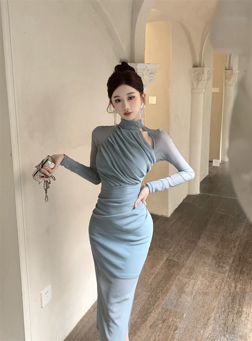 【dress】ギャザーメッシュタイトワンピース G20643