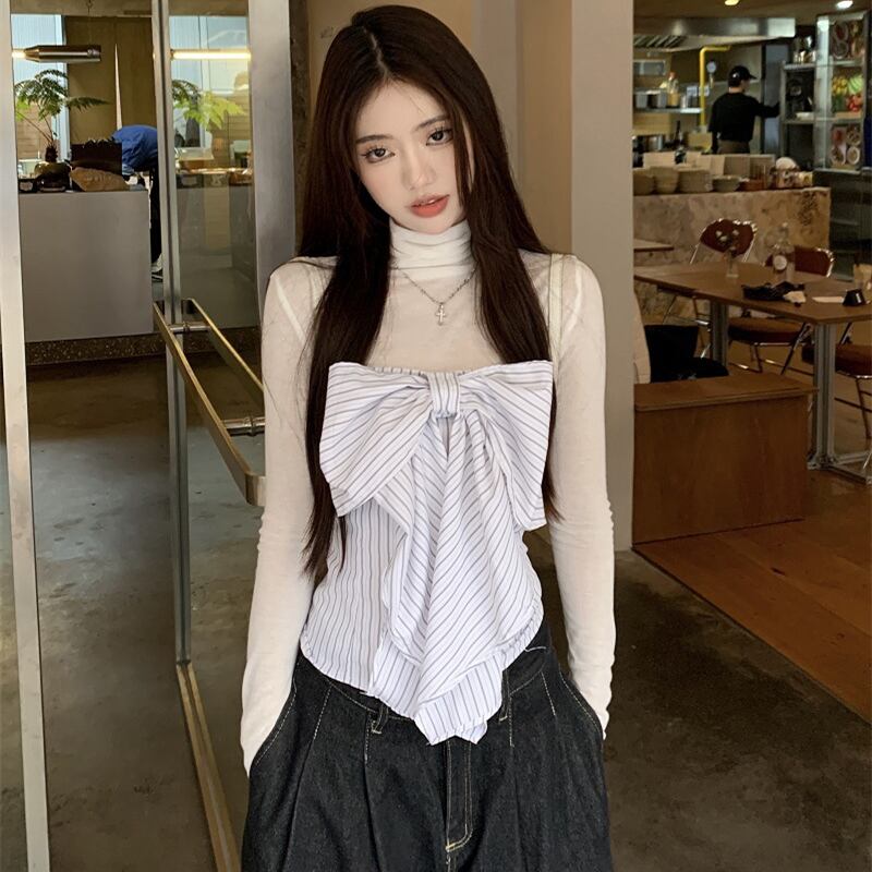 【set】Tシャツ+ストライプ柄リボンベアトップ２点セットG21346