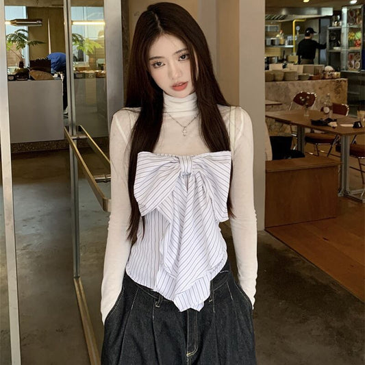 【set】Tシャツ+ストライプ柄リボンベアトップ２点セットG21346