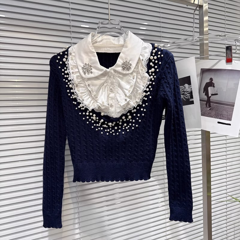 【tops】パール付きフェイクレイヤードニットトップス Q7998