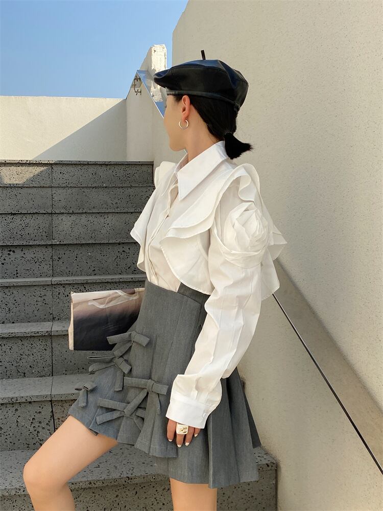 【tops】POLOネック長袖パフ袖ブラウスF7056