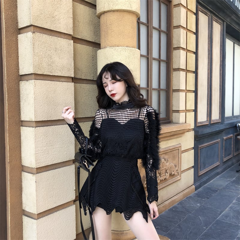 【set】カットワークレーストップス×キュロットスカートセット    N2720