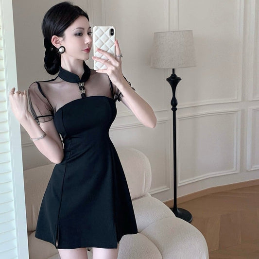 【dress】メッシュ切り替えスリットワンピース G21310