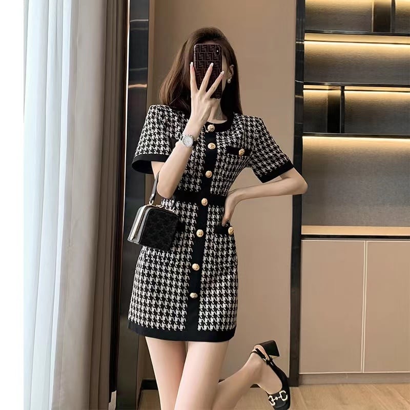 【dress】ラウンドネック千鳥柄ニットワンピースF7323