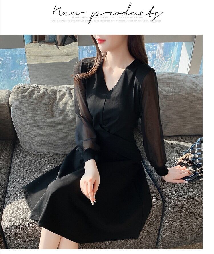 【dress】フランス風 気質満点レトロシフォン切り替えスリットワンピース G1675