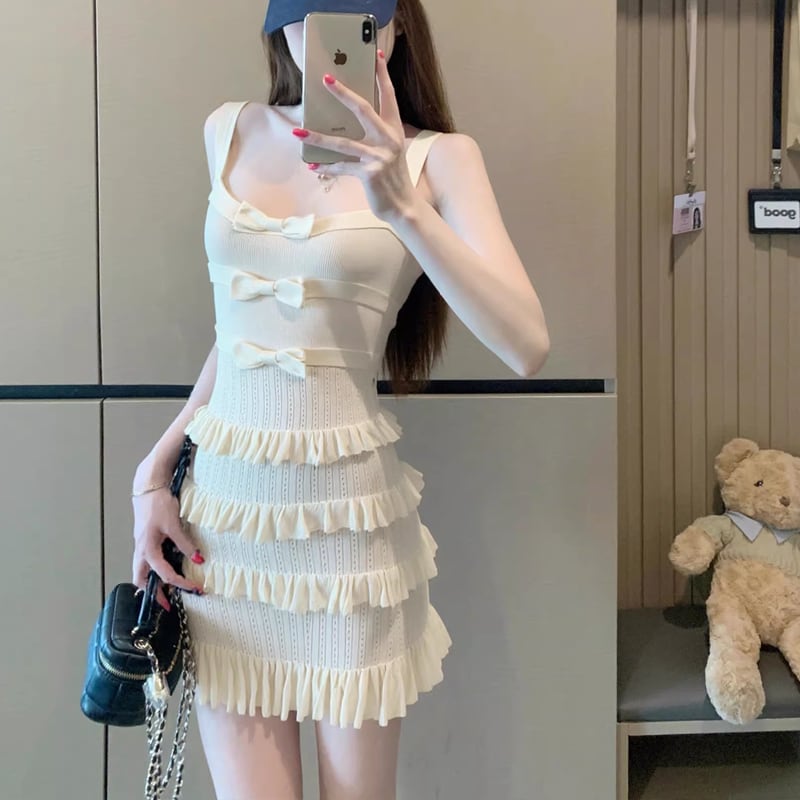 【dress】リボン付きニットティアードキャミワンピース Q8382
