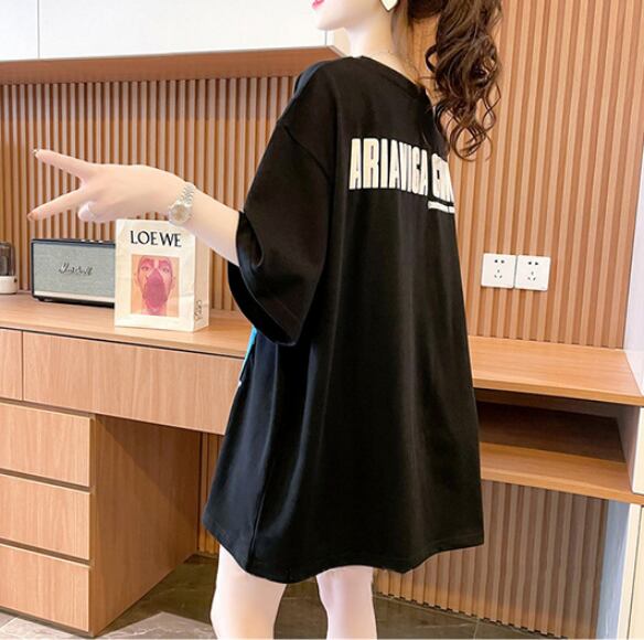 【tops】2色ラウンドネック半袖配色動物柄英字柄ゆったり着回しTシャツF2272