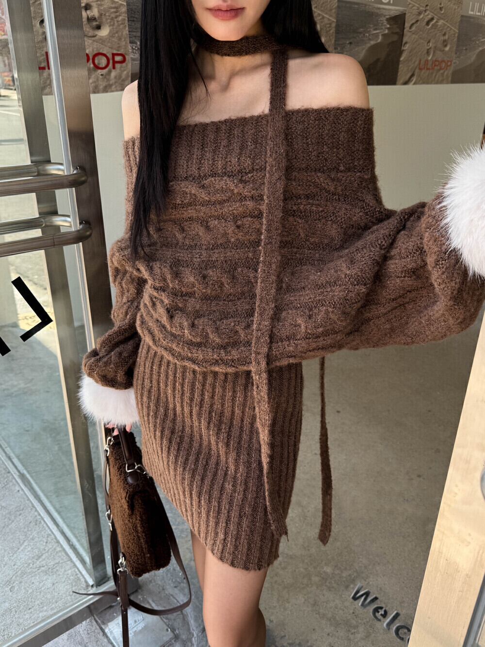 【dress】チョーカー付袖ファーオフショルダーニットワンピース　N2892