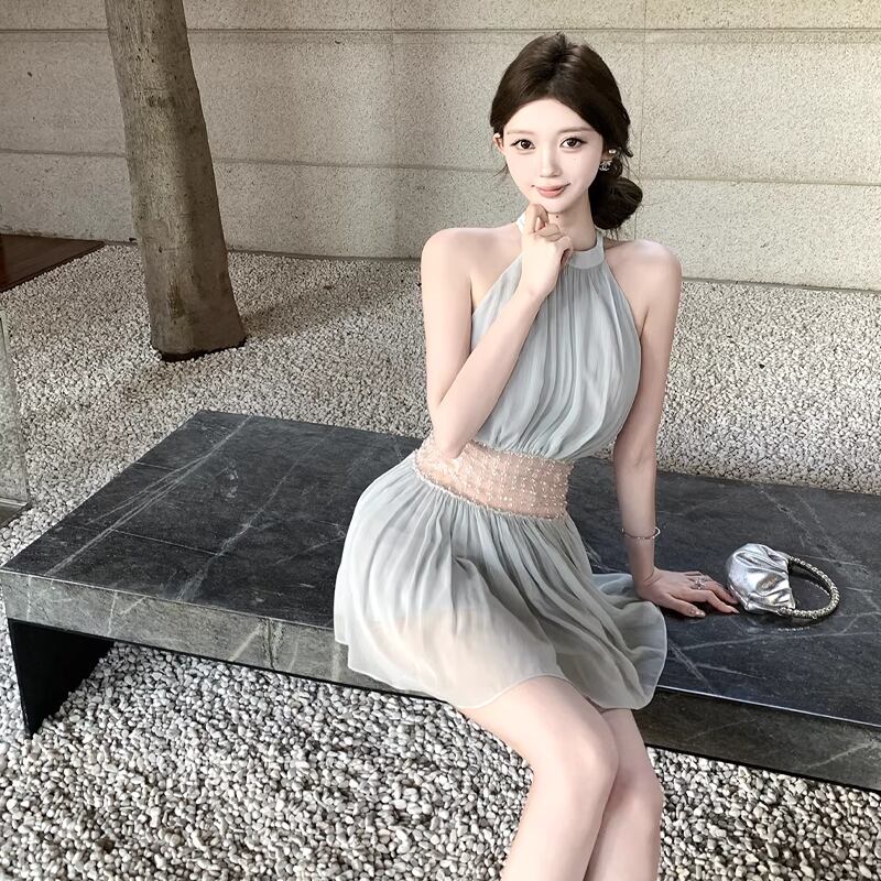 【dress】ビーズ付きノースリーブチュールミニワンピース Q8406