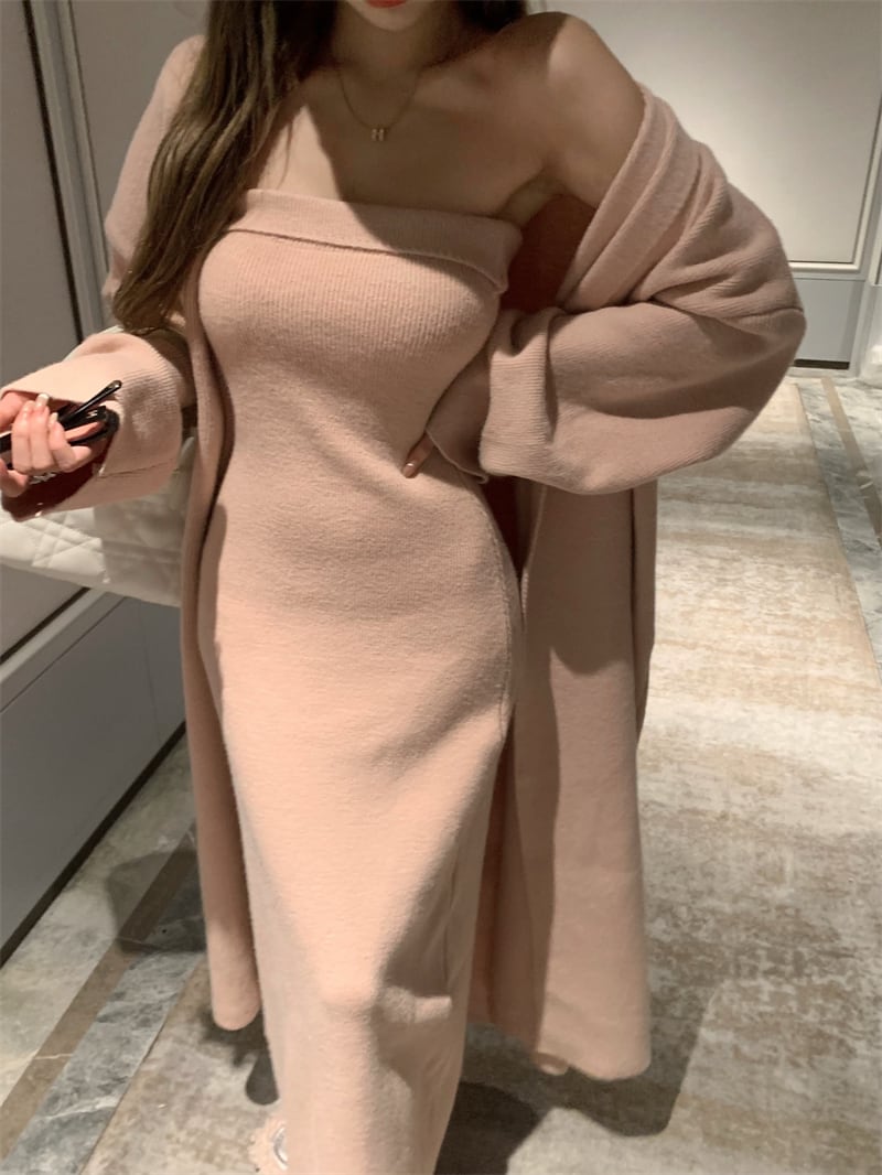 【set】ロング丈カーディガン×ベアトップワンピースセット　N2799