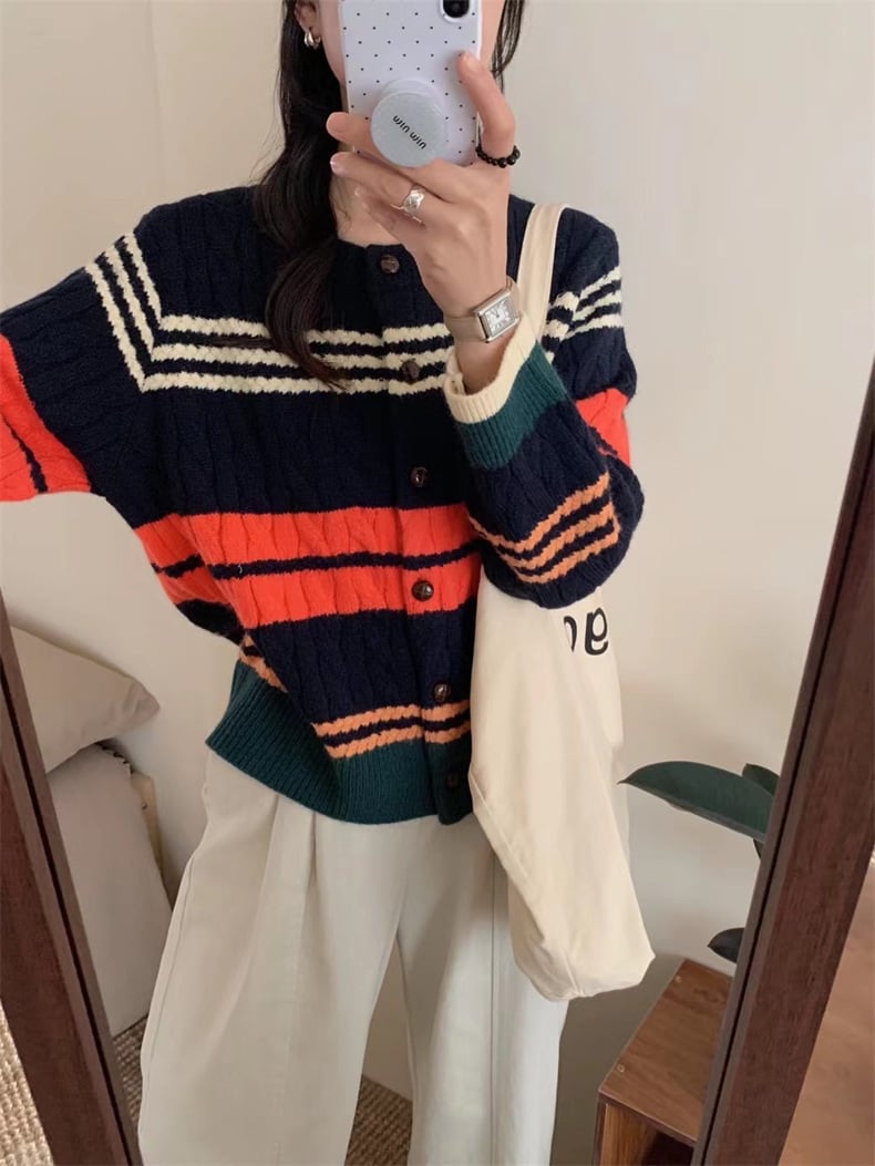 【outer】ボーダー柄ニットカーデ　M25983