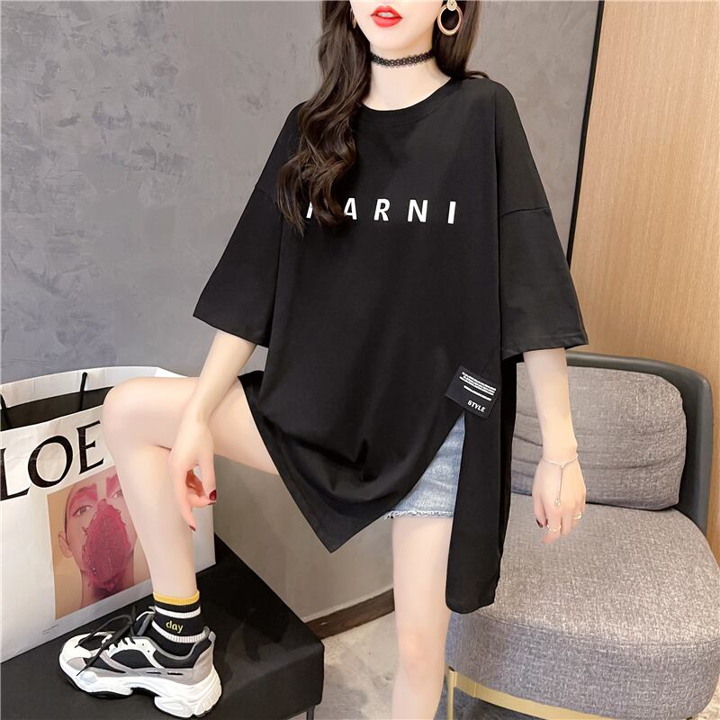 【tops】ラウンドネック半袖大きいサイズゆったりスリットTシャツF0074