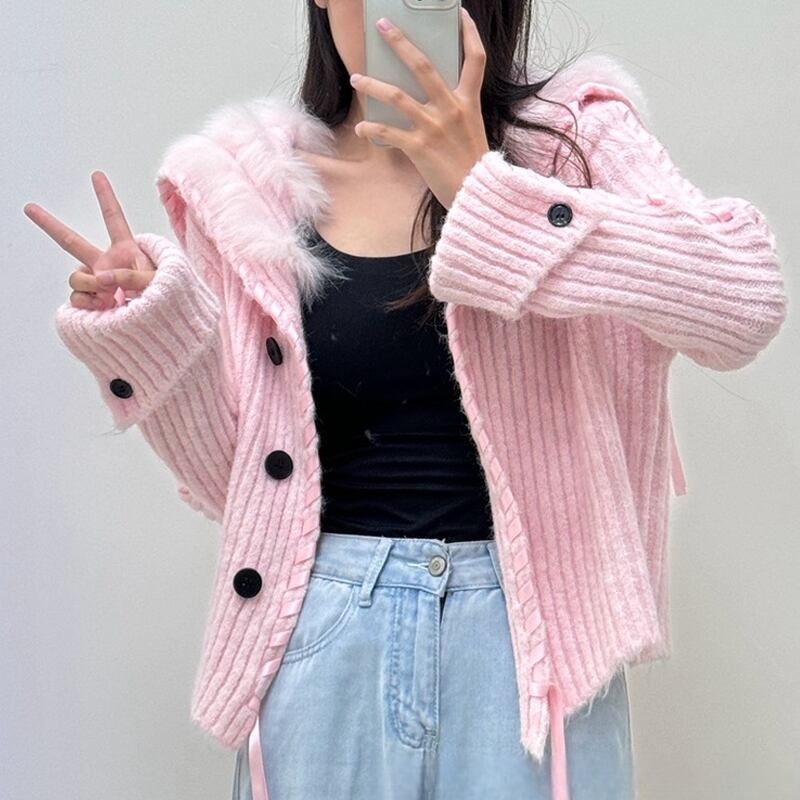 【outer】ファードッキングニットカーディガン Q7137