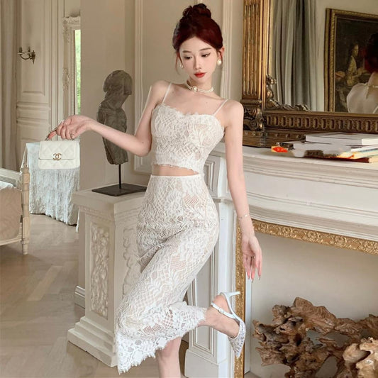 【set】不規則レーストップス+スカート２点セットG21119