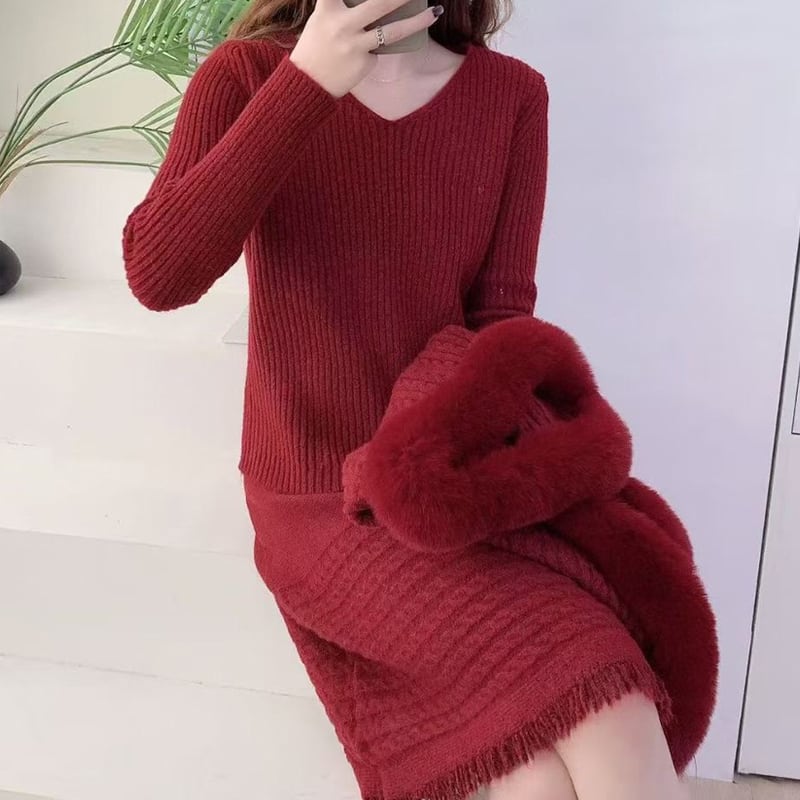 【set】ファー付きケープ×ニットトップス×ミニスカート3点セット Q7837