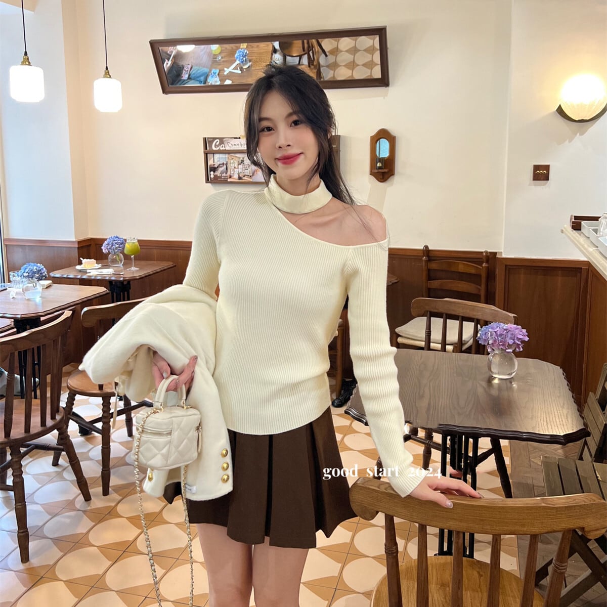 【tops】ワンショルハイネックニットトップス　N2931