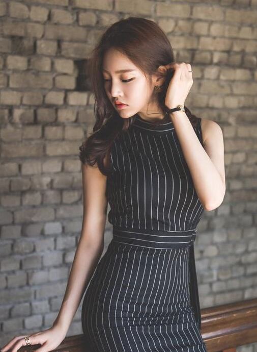 【dress】OL通勤好感度UP!気質満点ストライプ柄 ノースリーブワンピース G0892