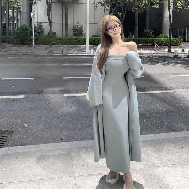 【set】ロング丈カーディガン×ベアトップワンピースセット　N2799