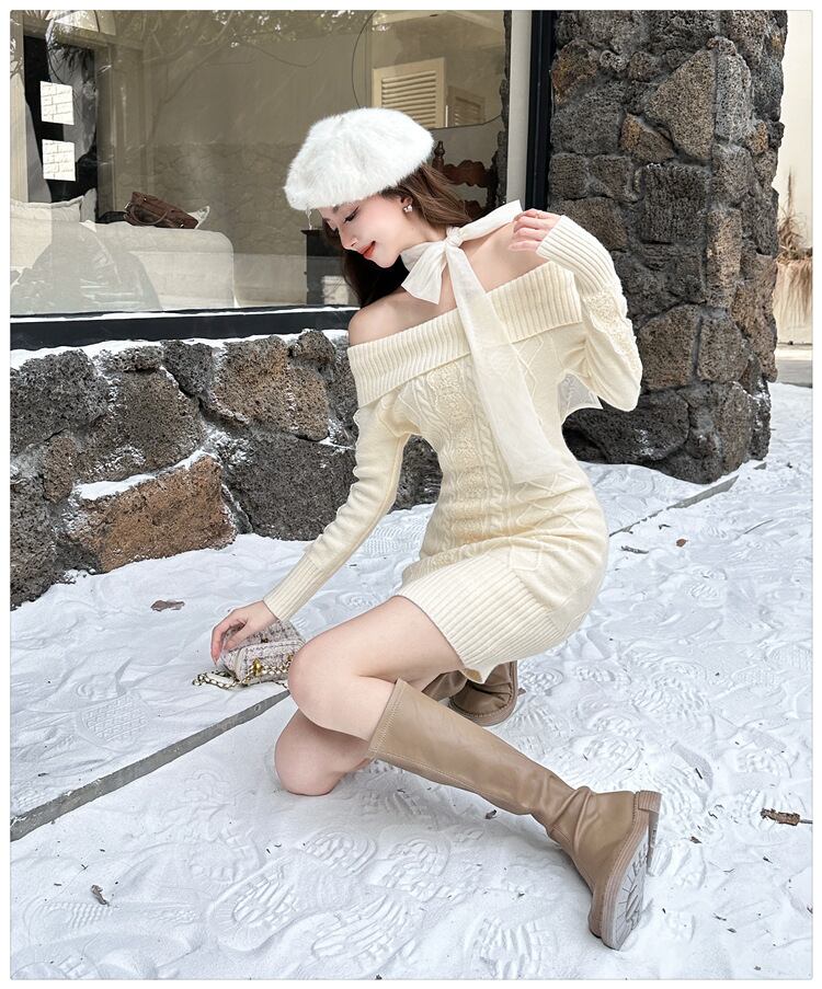 【dress】リボンオフショルニットワンピース　N2855