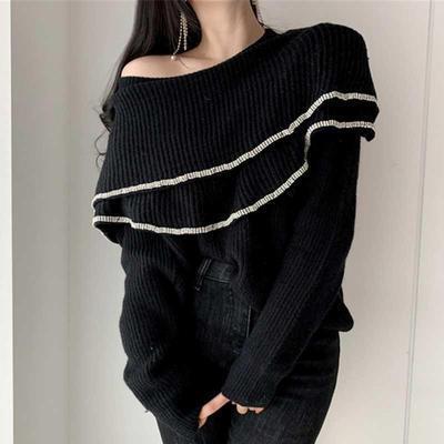 【tops】細身効果抜群♪2タイプラウンドネック長袖フリル配色ファッション着回しニットセーターF0920