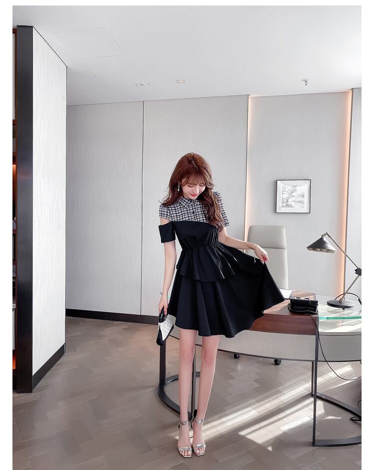 【dress】高級感!気質満点OL通勤POLOネック切り替えチェック柄ワンピースF0033